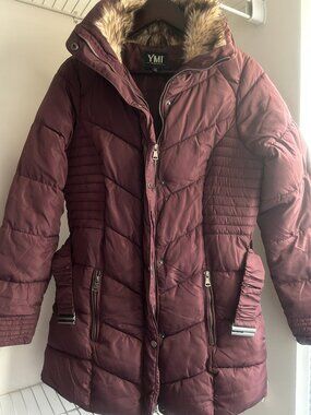 YMI Collection Women's Burgundy Faux Fur Hooded Puffer Coat Size L